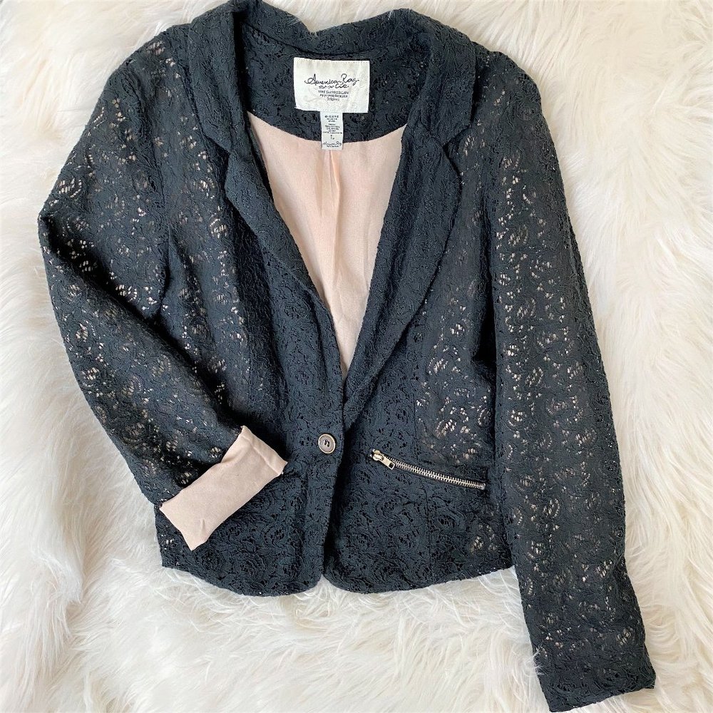American Rag Black & Pink Lace Overlay Blazer